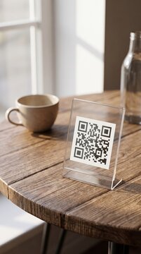 QR code menu in acrylic stand on wooden table in modern cafe beside coffee cup.   