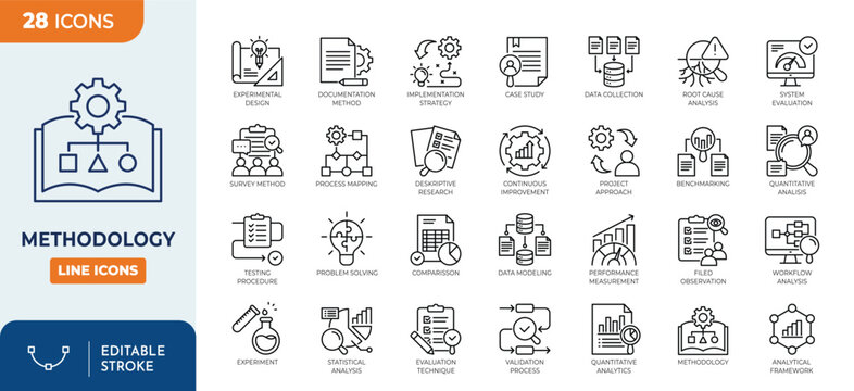 Methodology icon set. Containing methodology, process, system, approach, technique, strategy, framework, model, structure, plan, and more. Editable stroke. Vector illustration