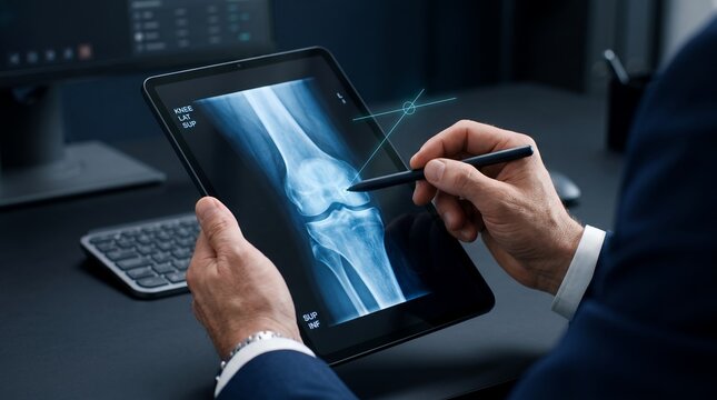 Medical professional holding a tablet computer and examining knee joint xray image scan analysis using stylus pen in modern office environment while sitting at desk workstation
