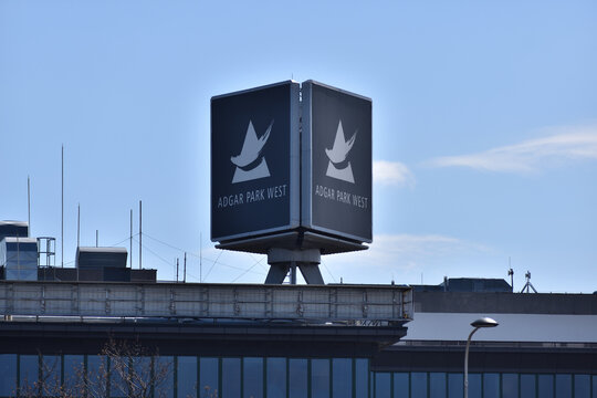 Adgar Park West property management company office facade with signage, logo, emblem. WARSAW, POLAND - APRIL 18, 2026