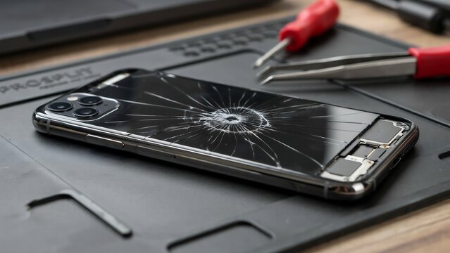Smartphone with broken display lies on repair mat with tools nearby.