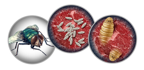 Plakat New World Screwworm with a female fly Cochliomyia hominivorax and fly eggs and larva as a Parasite outbreat or epidemic as flesh eating larvae Infectious disease and public health issue as a vetirinar