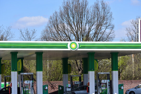 BP British Petroleum gas station with emblem, logo, signage. WARSAW, POLAND - APRIL 18, 2026