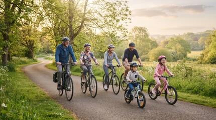 Fototapeta premium Multi-generational family riding bicycles along a countryside path surrounded by green foliage