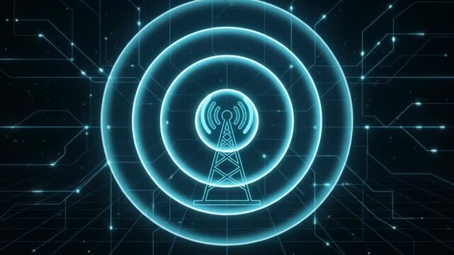 Futuristic Wireless Signal Rings Surrounding Tower View.