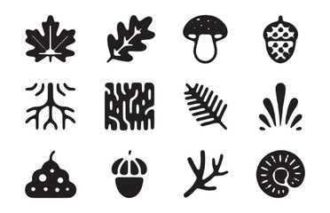Obraz premium Forest and nature graphic elements vector icon set with flat silhouettes on transparent backdrop.