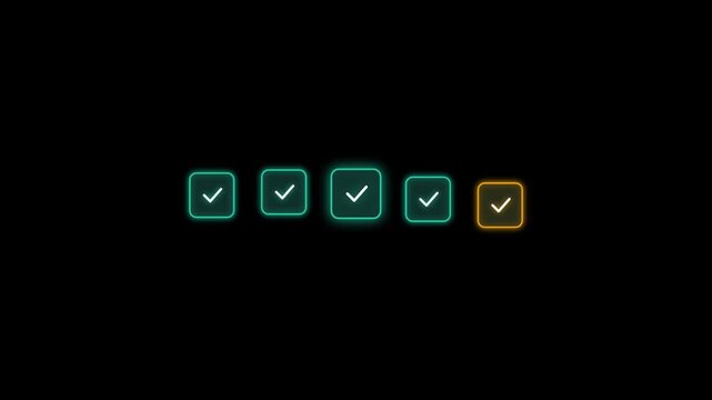Five neon glowing check mark icons in a row