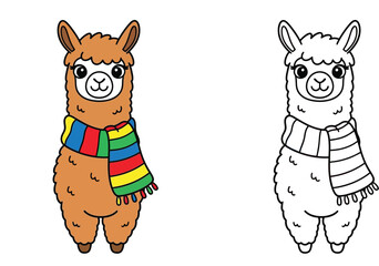 Fototapeta premium Cute fluffy llama wearing striped winter scarf with coloring page outline vector illustration