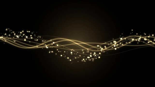 Abstract golden wavy lines with glowing particles on black