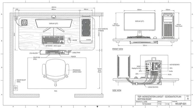 Technical schematic plan for a modern computer workstation desk layout