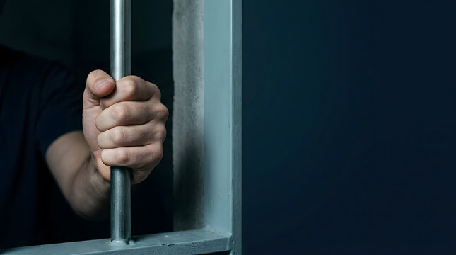 Prison cell bars, hand gripping metal tightly in despair, close up of human fist behind steel railing, dark jail interior with concrete wall and copy space, ideal for legal and justice marketing.