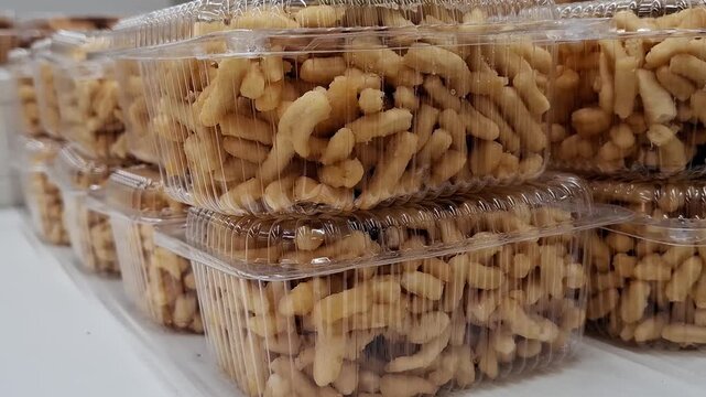 Traditional chak-chak sweet dessert packed in transparent plastic containers stacked on grocery store shelf. traditional tatar dessert, oriental sweets, product display, bakery snack food.