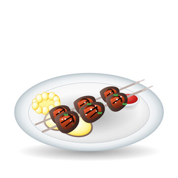 Traditional Peruvian Grilled Anticuchos Beef Heart Skewers with Corn Potato and Chili Sauce Vector Illustration