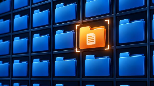 Glowing orange digital file folder highlighted among rows of blue folders representing database search document management archiving system and digital organization