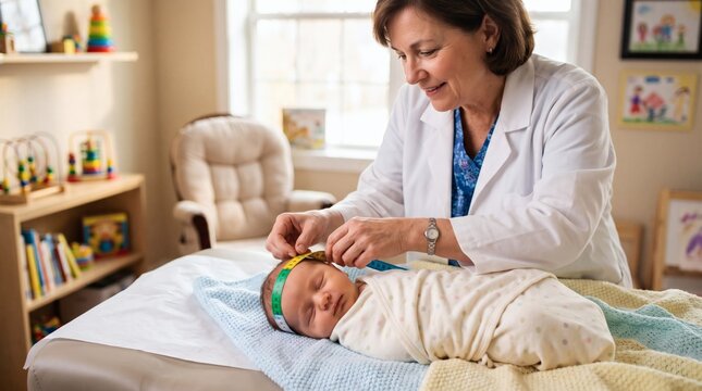 Neonatal clinical pediatric checkup: caring female pediatrician gently inspecting abdomen and reflexes of sleeping newborn baby on clinic exam table. Detailed clinical photography image.