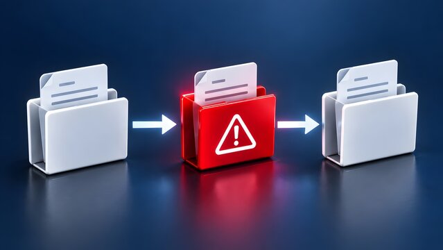 Red warning folder with exclamation mark among white folders representing cybersecurity threat corrupted data digital virus malware detection and critical system alert