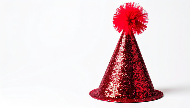 Shiny red glitter party hat with fluffy pom-pom on top, isolated on white background, festive accessory concept. Close-up.