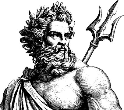 Antique engraved poseidon bust with trident for classical wallpaper and poster design emphasizing flowing hair and intricate engraving for decorative projects