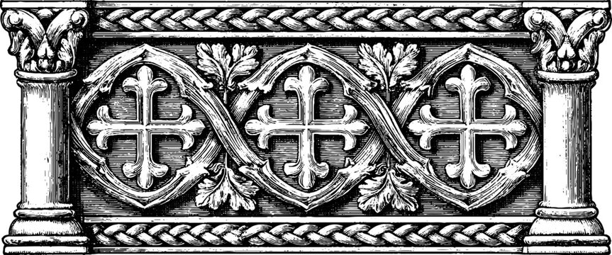 Byzantine antique engraving border with interlace and crosses for decorative frame and ornamental background design