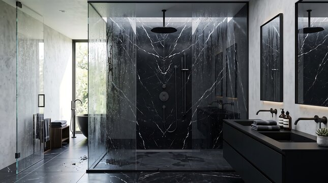 Luxury master bathroom features black marble shower with glass walls and floating vanity.
