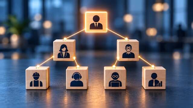 Wooden blocks displaying business icons connected by glowing lines representing corporate hierarchy organizational structure human resources management and leadership