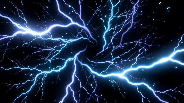 Powerful bright blue electric lightning bolts striking through dark empty space with glowing particles