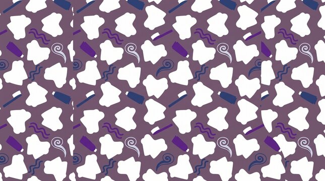 A seamless repeating pattern of dental hygiene items like toothpaste, toothbrushes, and stylized minty breath elements on a purple background.