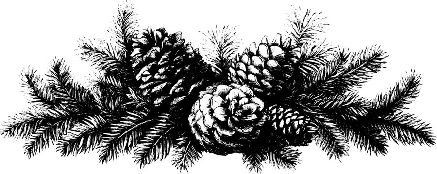 Antique engraving of a christmas pine cone and fir branch border design for vintage holiday header and card decoration background