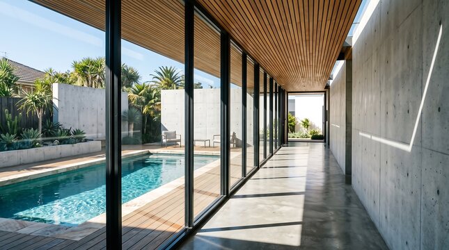 Minimalist concrete hallway beside blue swimming pool under wooden slatted canopy ceiling.