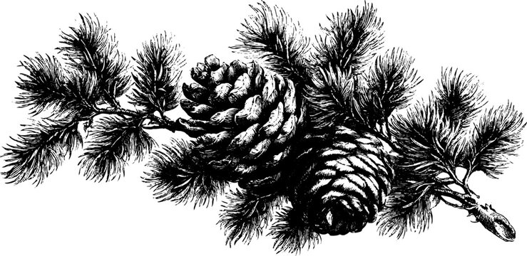 Antique engraved pinecone and pine branch corner design for christmas border and holiday card background