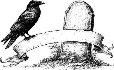 Obraz premium Antique engraved halloween raven standing beside a tombstone with a blank ribbon banner for customizable halloween label and sign design