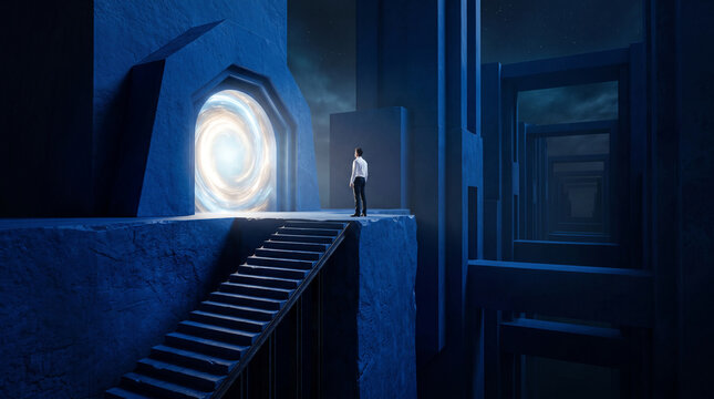 A lone man stands before a swirling portal in a stark blue, geometric landscape, symbolizing a journey into the unknown and possibility.