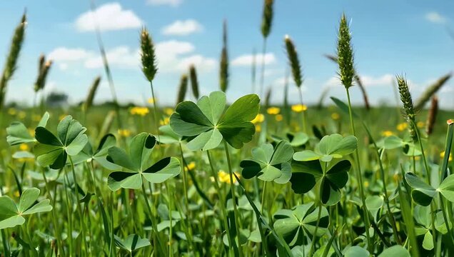 Peaceful 4K macro video utilizing selective depth-of-field to record fresh green grass stems and wild clover leaves fluttering gently in the wind evoking natural renewal environmental conservation