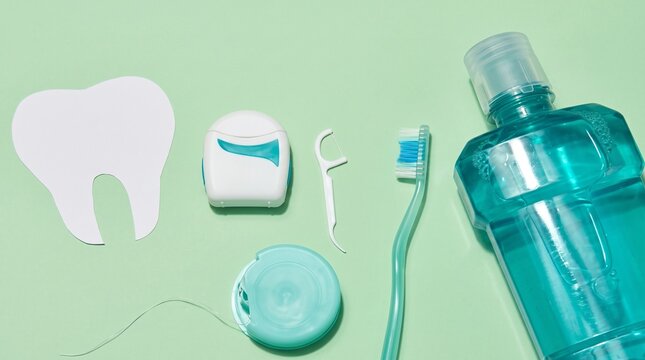 Flat lay of oral hygiene products including mouthwash toothbrush and dental floss picks on green background.