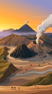 Mount Bromo Volcano Landscape Illustration at Sunrise, East Java, Indonesia