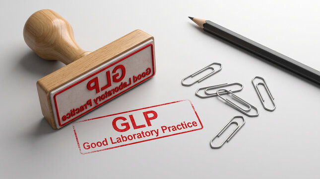 Wooden stamp with red "GLP Good Laboratory Practice" imprint and scattered paper clips, symbolizing official approval and scientific process