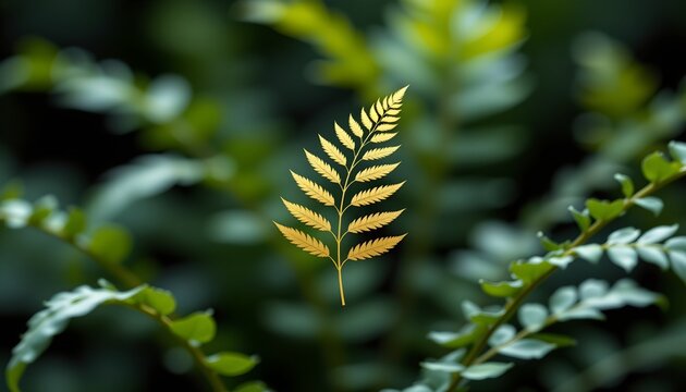 The image features a single golden fern leaf prominently centered against a backdrop of lush, green foliage