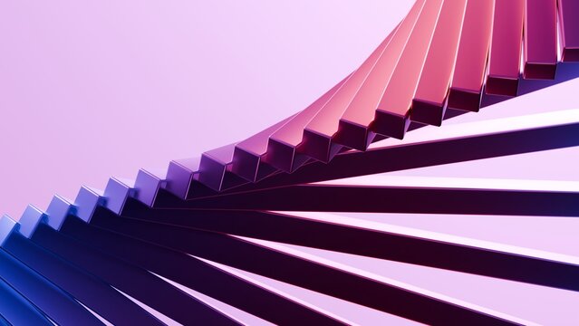 Abstract pink and purple 3D geometric spiral staircase pattern. Great for modern architecture backgrounds, tech web headers, digital art posters, and creative book covers