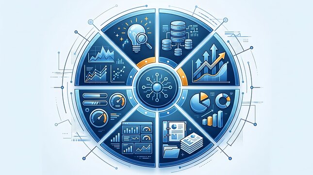 Circular business data dashboard infographic with various analytical