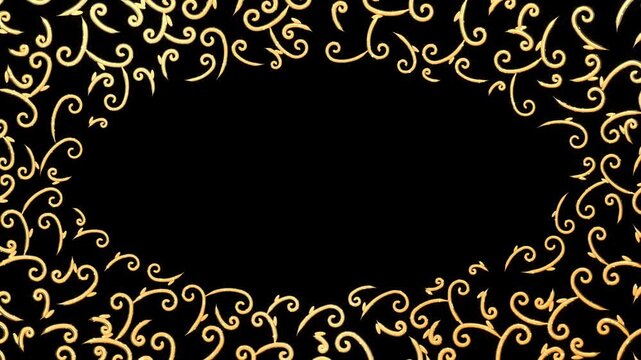 Japanese Karakusa Arabesque Vine Pattern Gold on Black with Center Copy Space Seamless Loop 4K