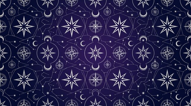 Luminous Celestial Star Seamless Pattern &ndash; Midnight Blue Moon, Constellation and Geometric Astronomy Surface Design Concept