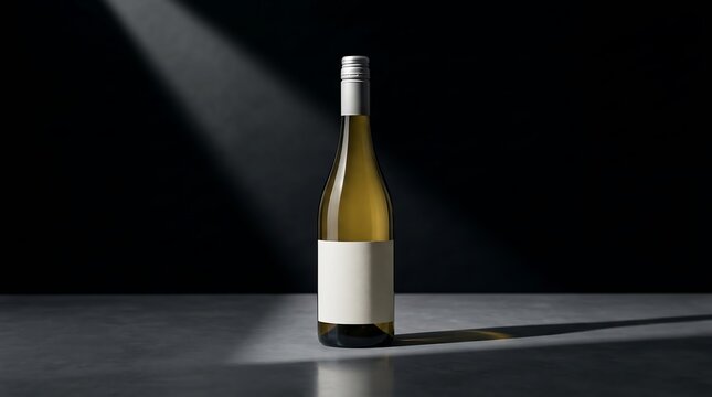 Elegant white wine bottle with a blank label standing on a dark surface under a dramatic spotlight beam