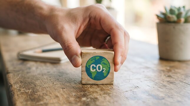 Person holding wood block with co2 icon