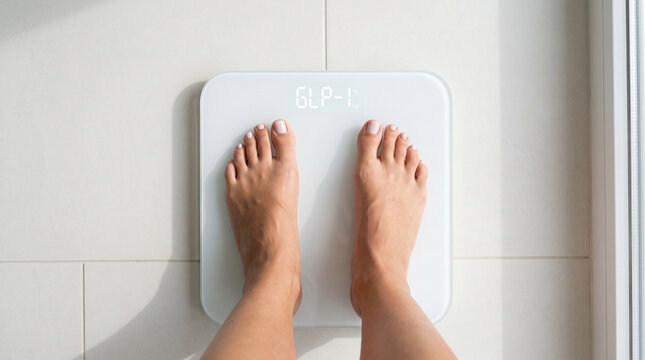 Feet on a white scale, showing weight, representing health, fitness, and body composition tracking