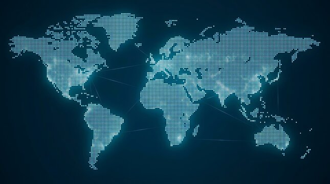 World map composed of glowing digital pixel squares with network connections representing global communication and data infrastructure.