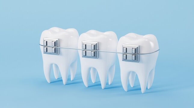 Three white teeth models with silver orthodontic dental braces on light blue background representing teeth alignment treatment.