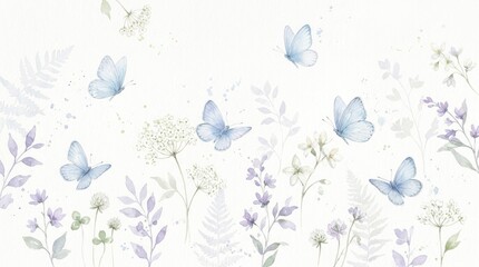 Fototapeta premium Soft watercolor butterflies and wildflowers on light background