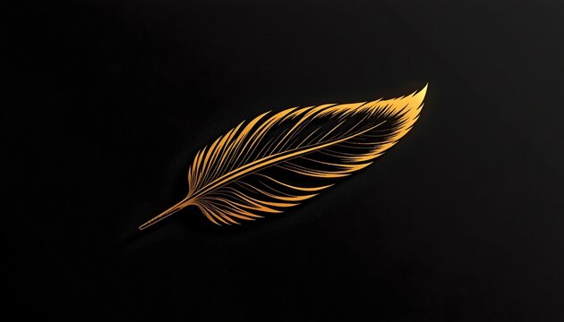 The image features a single, intricately detailed feather with a golden hue, set against a solid black background
