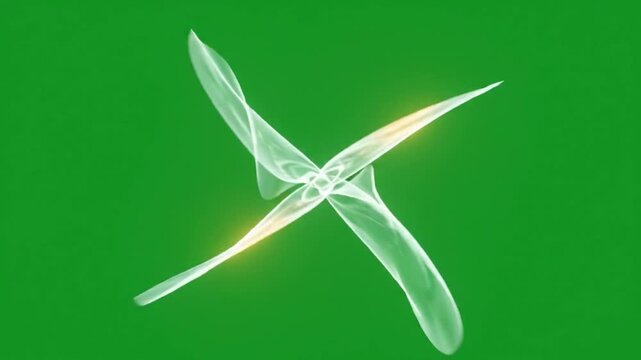 Four extremely thin translucent energy surfaces emerge from the center and behave like abstract petals, each moving at a different speed and following slightly different curved trajectories
