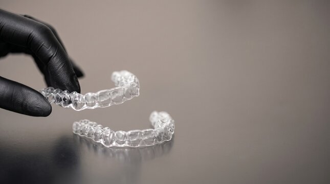 Hand in black glove holding clear aligners for teeth straightening treatment.